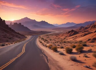 Fototapeta premium Desert landscape with a winding road and a breathtaking view of the mountain range at dusk, winding road, mountain range