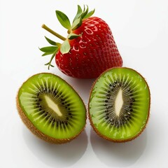 "Fresh and vibrant fruit composition featuring a whole ripe strawberry with a glossy red surface and green leaves, alongside two halves of a juicy green kiwi with visible black seeds and a fuzzy brown