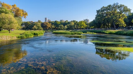 Serene park landscape with a calm river reflecting trees and city buildings under a clear sky