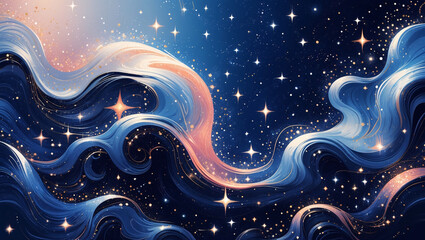 An abstract night sky with swirling, wave-like patterns in various shades of blue, white, gold, and pink