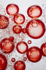 Glossy red bubbles floating in a translucent liquid. Abstract fluid composition with a soft, dreamy aesthetic. Modern, airy, and elegant design. Generative AI