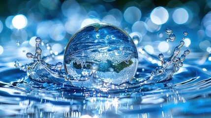 A crystal-clear water droplet splashes into a serene blue pond, creating ripples and reflections