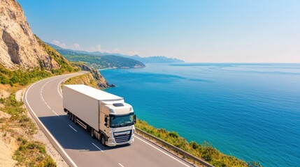 White truck driving on a coastal highway with breathtaking ocean views and clear blue skies, capturing a serene journey along the cliffs.