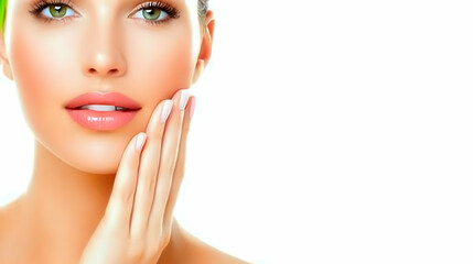Fototapeta premium Close-up of a Woman's Face with Flawless Skin Gently Touching Her Cheek with a Soft and Delicate Hand.