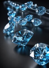 Diamond row on black background with varying shades of blue light glow, night, jewelry, diamond