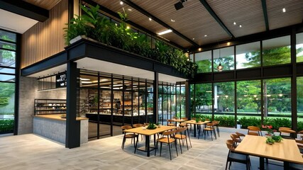 A spacious cafe features large windows, wooden accents, and ample greenery, creating a welcoming environment for visitors