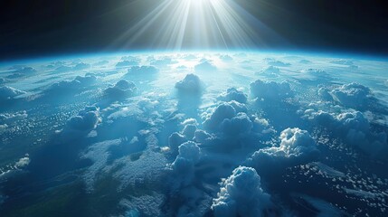 A breathtaking view of Earth from space, showcasing vibrant clouds and sunlight illuminating the atmosphere