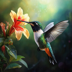 Naklejka premium Hummingbird near vibrant flower