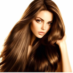 Naklejka premium Woman with Long, Shiny Brown Hair Poses Elegantly, Touching her Hair Gently on a White Background