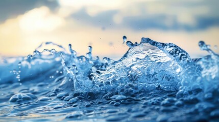 Dynamic ocean waves crashing against the shore at sunset, creating a serene and captivating scene