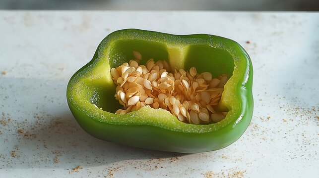 A crisp, freshly cut green bell pepper with the seeds and internal structure clearly visible, lying on a white surface. - Powered by Adobe