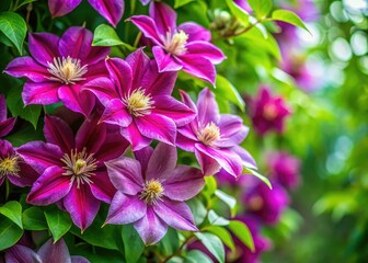 High-resolution image of blooming Clematis vines, showcasing vibrant spring and summer flowers against a floral backdrop.