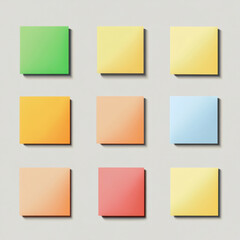 Nine colorful square paper notes on wall.