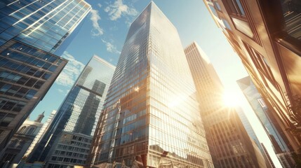 Fototapeta premium Tall modern skyscrapers reflecting sunlight in a bustling urban cityscape with clear skies
