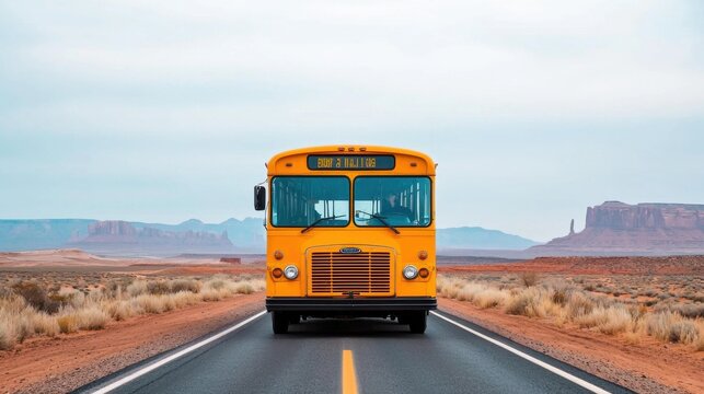 Yellow school bus driving on an empty desert road, surrounded by scenic landscape and distant mountains under cloudy sky.