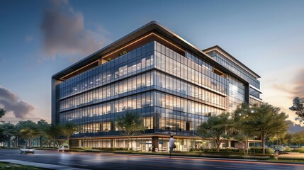 Obraz premium Modern office building at sunset with reflective glass, surrounded by trees and a busy street