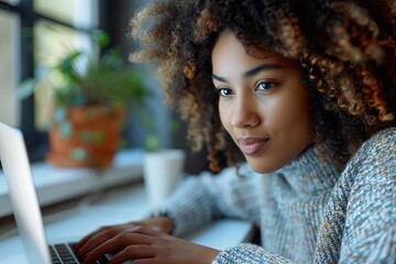 Young woman engages in virtual English learning session from the comfort of her home office
