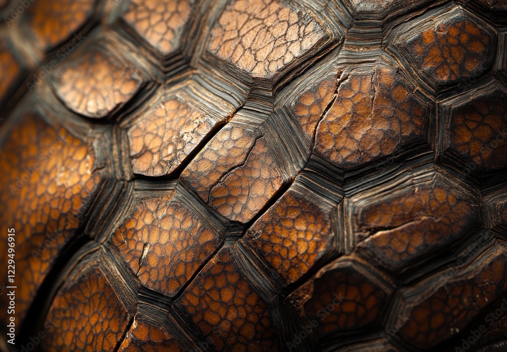 Poster close-up view of detailed textured surface on a brown and orange shell with hexagonal pattern and na