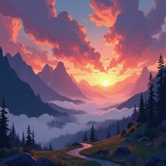 A vibrant sunset illuminates the majestic mountains and valley below.