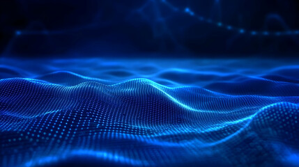 Naklejka premium Abstract Blue Wave Background Forms a Digital Landscape with Glowing Grid in a Dark Environment.