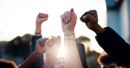 Hands, fist and students with protest outdoor for education riot, university equality and change...