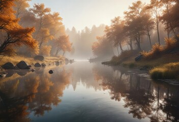 Early morning mist rises over a serene river in autumn , water reflection, natural beauty