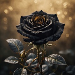 A rare black rose with golden mist swirling around it.