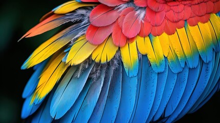 Fototapeta premium blue and yellow macaw parrot wings, Close up of the feathers of a parrot,Texture of beautiful feather Macaw bird 