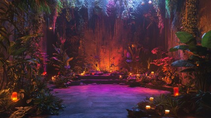 Explore a magical forest oasis illuminated by colorful lights and soft candle glow. This serene setting showcases lush plants and a tranquil atmosphere.