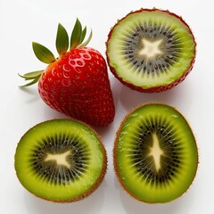 "Fresh and vibrant fruit composition featuring a whole ripe strawberry with a glossy red surface and green leaves, alongside two halves of a juicy green kiwi with visible black seeds and a fuzzy brown