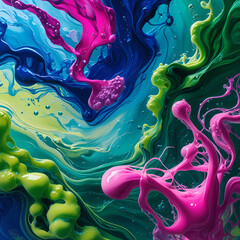 where vibrant pigments of ultramarine, fuchsia, and emerald swirl in surreal, high-contrast waves, creating an ethereal painting effect