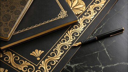 Fototapeta premium Elegant gold accents on a luxurious black background, decadence, grandeur