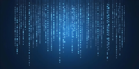 Abstract Blue Binary Code Data Stream Flowing Downward on a Dark Background