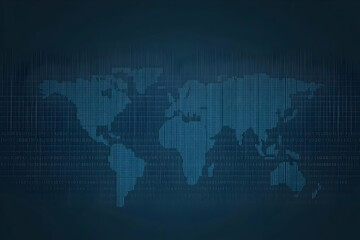 Digital World Map Shows Global Connectivity with Binary Code Data Streams.