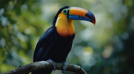 Fototapeta premium toucan in the jungle, tropical avian beauty in the lush Rainforest, Selective focus shot of a toucan standing on a tree branch 