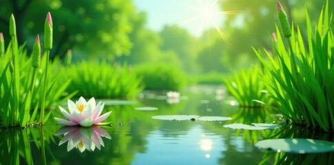 Emerald green reeds swaying gently in summer breeze, landscape, reeds, water lily