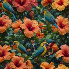 Obraz premium A cluster of hibiscus flowers with tropical birds in the background.