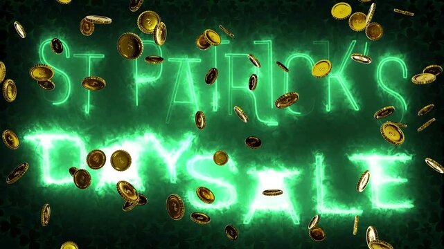saint patricks day sale neon sign text animation with golden coins faling 