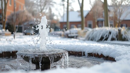 Fototapeta premium Snow-covered fountain in a serene park setting, surrounded by trees and winter scenery