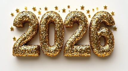 Glittery 2026 on white with gold stars, New Year banner potential
