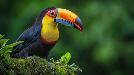 Fototapeta premium toucan in the jungle, tropical avian beauty in the lush Rainforest, Selective focus shot of a toucan standing on a tree branch