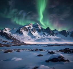 Faint aurora borealis glowing behind snow-capped mountains, frosty mountains, alaskan landscape, frozen wilderness