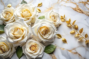 Luxurious bridal shower stationery: elegant white roses, gold accents, marble backdrop, soft lighting.