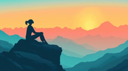 Person sitting on top of a mountain overlooking scenic landscape and sky