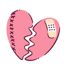Broken pink heart taped over with a Band-Aid plaster and sewn up with threads. Anti Valentine's day concept, vector illustration. Hand drawn non romantic symbol. Alternative Valentine day icon.
