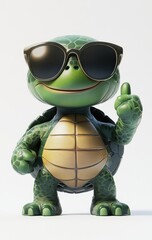Cute cartoon turtle character wearing stylish sunglasses and giving thumbs up gesture, cheerful expression, studio lighting, playful and fun vibe