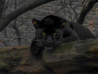 Obraz premium Black Panther Resting on a Rock, Observing Surroundings with Intense Gaze