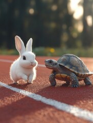 Cute fluffy rabbit and realistic tortoise on an outdoor running track, showcasing a playful moment of animal friendship and competition in nature