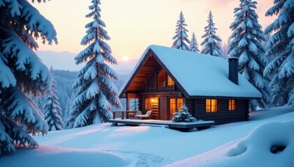 Fototapeta premium The roof of a cozy cabin is adorned with a snowy forest, icy landscape, cabin, roof