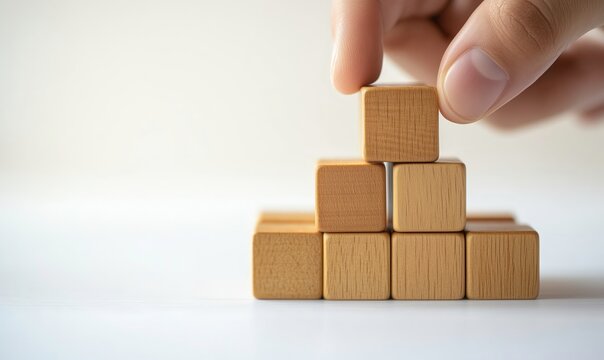 Building Blocks of Success: A hand carefully places a wooden block atop a growing pyramid structure, symbolizing growth, strategy, and the building blocks of success.